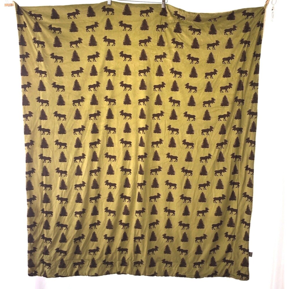 Thro By Mario Moose And Trees Green Fleece Throw Blanket Rustic 60x54